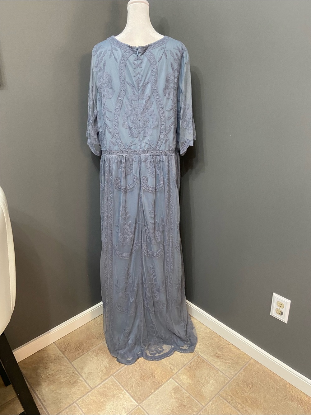 PINKBLUSH Light Blue Mesh/Lace Overlay Maternity Maxi Dress 3X Deep V-Neck Gown - Picture 3 of 17